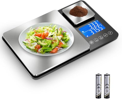 Drcowu Dual Platform Kitchen Scales Digital with 2 Precisions, 1g & 0.01g, Large 15kg & 500g Food Weighing Scale for Baking, Cooking, Meal Prep, Yeast and Jewelry, Accumulation Function, LCD Display