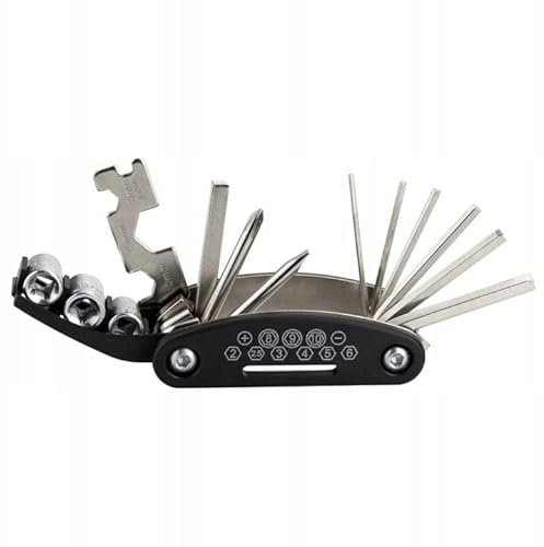 DomoDomo Cykel multiverktyg 16-i-1 – kompakt reparationssats | perfekt för resor | högkvalitativt stål | insexnyckel, skruvmejsel och hylsnyckel | universell