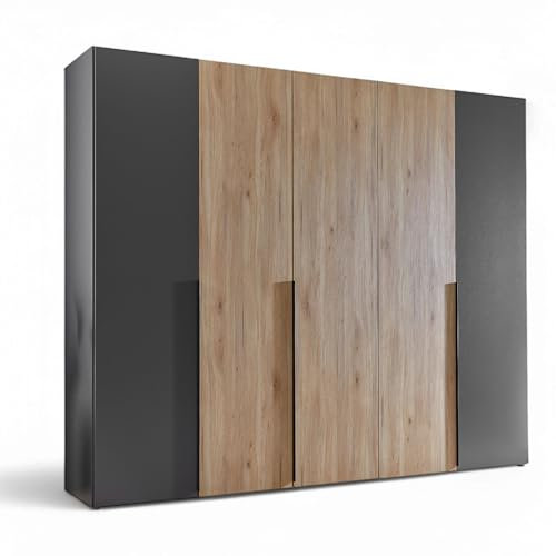 Stella Trading ASKA Kleiderschrank in Graphit, Mauvella Eiche Optik - Vielseitiger Drehtürenschrank 5-türig für Ihr Schlafzimmer - 249 x 210 x 53 cm (B/H/T)