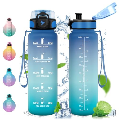 Vikastar Botella Agua 1 Litro, Motivacional Botella de Agua, Marcador de Tiempo, Botella Agua Gimnasio, Prueba de Fugas, Cantimplora, Reutilizable, Botella para Escuela, Camping, Azul-Verde