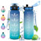 Vikastar Botella Agua 1 Litro, Motivacional Botella de Agua, Marcador de Tiempo, Botella Agua Gimnasio, Prueba de Fugas, Cantimplora, Reutilizable, Botella para Escuela, Camping, Azul-Verde