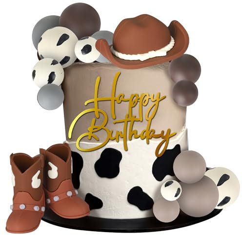 Xsstarmi 3D Cowboy Happy Birthday Cake Topper Spotted Balloons Cowboy Hat Boots Cake Pick for Cowboy Theme Baby Shower Happy Birthday Party Cake Decorations Supplies