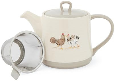Cooksmart Hen House Lane Teapot with Infuser | British Designed Farmhouse Style Teapot | Embossed Stoneware with Ribbed Body | Rustic Countryside Kitchenware | Dishwasher & Microwave Safe