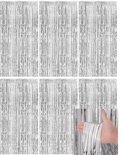 6 Stück Lametta Vorhang 1m x 2m, Glitzervorhang Lametta, Glitzer Party Vorhang, Folien Fransen Hintergrund fur Party Deko Geburtstagsdeko Hochzeit Festivals Bühnendekor (Silbrig)