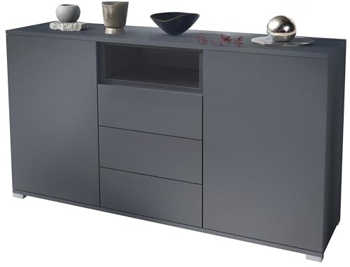 Vladon Skadu V2 Sideboard, Kommode mit 2 Türen, 3 Schubladen und 1 offenem Fach, Anthrazit matt/Grau Hochglanz (138,5 x 75,5 x 35 cm)