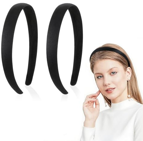 Lot de 2 bandeaux en satin - Noir - Rembourré - En velours - 2 cm de large - Antidérapant - Tendance - Couleur unie - Pour femmes et filles