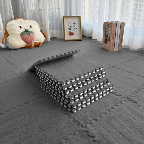 Puzzlematte Boden für Kinder 12 Stück 30 x 30 x 1 cm mit Rand, Weiche Spielmatte aus Plüschschaum, Puzzlematte Kinder zum Zusammenstecken für Spielzimmer, Wohnzimmer oder Krabbelbereich (Grau)