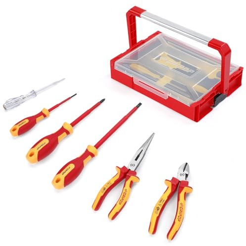 CRIPOP 5PCS VDE Insulated Pliers Tool Set,1000V Insulated Electrical Tools Kit,Includes 190mm Combination Plier,165mm Diagonal Cutter, 210mm Long Nose Plier & Voltage Tester with Box (D Set)