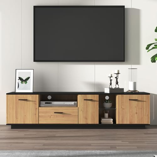 Jaxenor 180cm TV Cabinet with 3 Doors and 1 Drawers, TV Stand Cabinet with 2 Open Glass Compartments, Modern Entertainment Unit with LED Lights for Living Room, Media Console, Black+Natural Wood