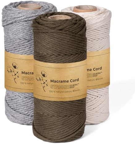 SEILWERK STANKE Makramee Garn 3mm Set 3x100m: Natur, Grau, Olivgrün | Baumwollgarn für Boho-DIY, Körbchen, Traumfänger – Baumwollgarn für Untersetzer, Taschen – 100% Baumwolle, gedreht, weich