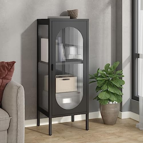 Ordellia Buffet moderne, noir, 40 x 35 x 105 cm, en verre ondulé et acier, avec étagère réglable, pour salon, cuisine et bureau