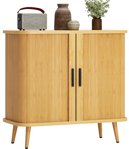 SogesPower Schrank mit Schiebetür aus Bambus | Geräumiger Stauraumschrank 80x40x75cm für Wohnzimmer, Küche, Schlafzimmer, verstärkte Pinienbeine, praktisches Design