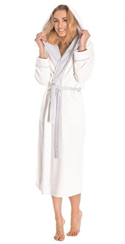 LEVERIE Lunga vestaglia invernale donna in pile con cinturino e tasche, Mod. 1 bianco/grigio chiaro, S