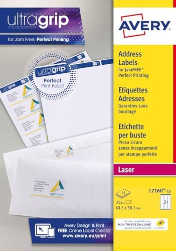 AVERY - 315 Étiquettes Adresse Autocollantes Blanches Personnalisables - Sans Bourrage - Format 63,5 x 38,1 mm - Impression Laser