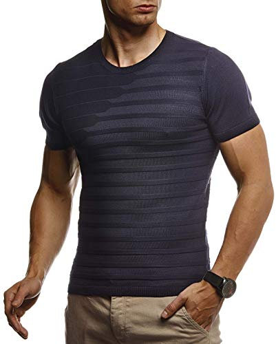 Leif Nelson T-shirt d'été long à col rond pour homme, coupe ajustée en maille fine blanc et noir basique à manches courtes LN7300, bleu, S