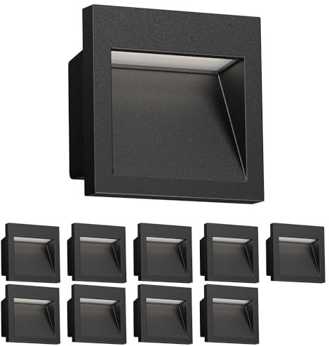 ledscom.de 10 Stück LED Wandeinbauleuchte NOLA, Downlight für außen, IP54, schwarz matt, 90 x 90mm, warmweiß