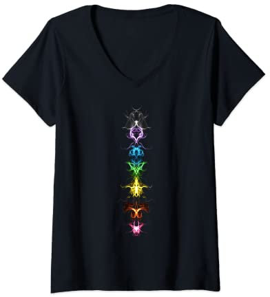 Damen Chakra Regenbogen Yoga Meditation Symbol Spirituell Fraktal T-Shirt mit V-Ausschnitt