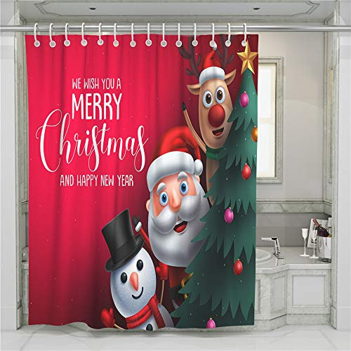 Chickw1 Rideau de Douche Rideaux de Salle de Bain, Noël Rouge Imperméable Tissu Lavable Polyester 3D Impression Numérique Art Décorations Rideau avec 12 Crochets (Père Noël,90x180cm)