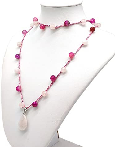 Collana Donna uncinetto e pietre dure con pendente in quarzo rosa