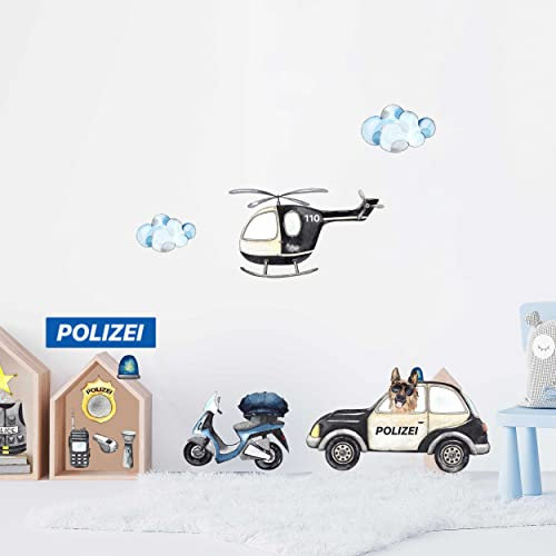 WANDKIND Polizei Wandtattoo Set V339 | handgezeichnet | AUFKLEBER Kindergarten | Wandsticker Kinderzimmer Deko Helikopter Hubschrauber Polizeihund Fahrzeug Auto Polizeiauto (40 x 40 cm)