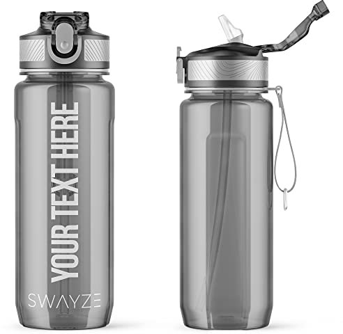 Personalised Water Bottle with Straw 800ml Water Bottle, BPA Free Leakproof Lockable Flip Lid Drink Bottle Sports Gym Hiking School Camping Office Walking (Grey (Personalised))