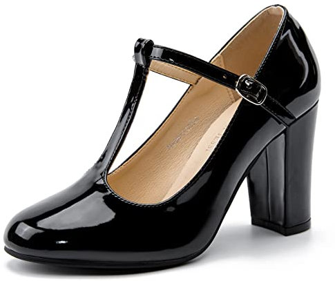 Damen T-Strap Mary Jane Pumps High Block Chunky Heel Hochzeitskleid Schuhe, Lackschwarz, 44 EU