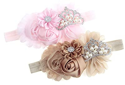 Nishine Baby Christening Headband Toddler Girls Fabric Flower Headband Tiara Stretchy Elastic in Pairs (Child, Pink/Khaki)