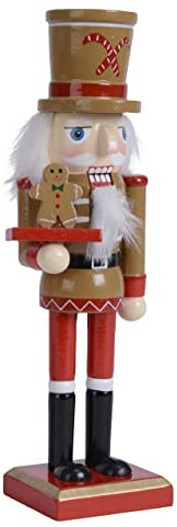 ETC dekorativer klassischer Nussknacker als Dekofigur Holz bemalt rot weiß mit Zuckerstange oder rot weiß braun mit Lebkuchenmann (Braun)