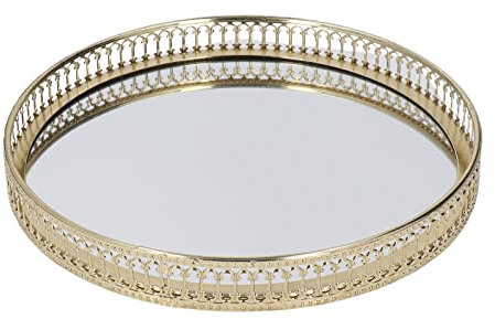 Pssopp Spiegel-Goldtablett, Rundes Verspiegeltes Schmucktablett, Organizer aus Metall, Dekoratives Tablett, Schmuck-ParfüM-Organizer, Make-Up-Tablett FüR Bar, Restaurant, Café, BüRo
