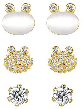 JewelryWe Schmuck 3 Paare Frosch Ohrstecker Set Damen süße Frog Opal Katzenaugen Stein Zirkonia Ohrringe Ohr-Piercings, Gold Weiß
