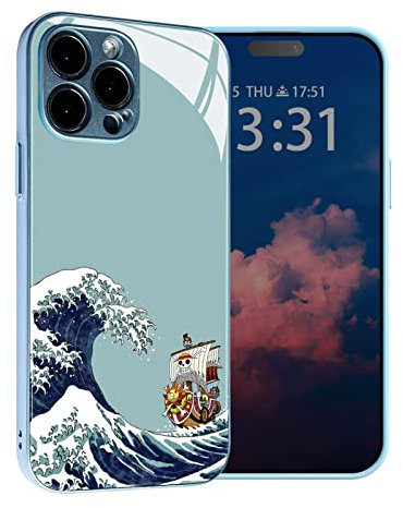 Thousand Sunny and The Great Wave Japanese Anime Role Blue Phone Case - TPU Tempered Glass Shell - Manga Lovers Pattern Cover for iPhone 12 Pro Max