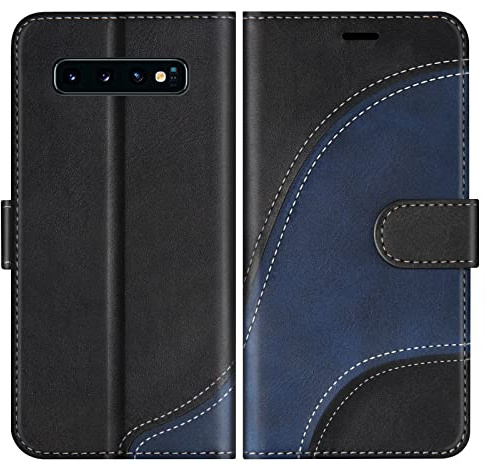 BoxTii Hülle für Samsung Galaxy S10 Plus, PU Leder Handyhülle für Galaxy S10 Plus, Ledertasche Klapphülle Schutzhülle mit Kartenfächer und Magnetverschluss, Schwarz