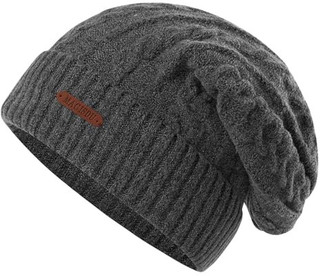 MAGISDU Mütze Damen Winter Wintermütze Merino Wollmütze Lang Beanie Strickmütze Mit Wollfutter Thermo Gefütterte Warme Grobstrick Slouch Hat