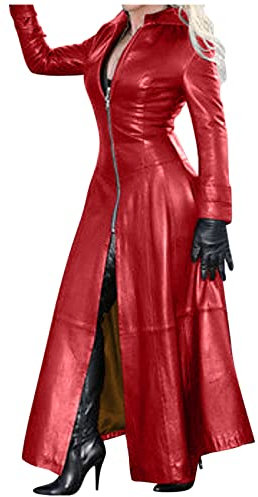 Damen Leder Trenchcoat Jacke mit Reißverschluss Sexy Kleid Body Clubwear Langer Lack-Mantel Mantel Lack Optik Matrix Jacke Robe Lange Coat mit Stehkragen Outwear Cosplay Kostüm Party Fasching (L, Rot)