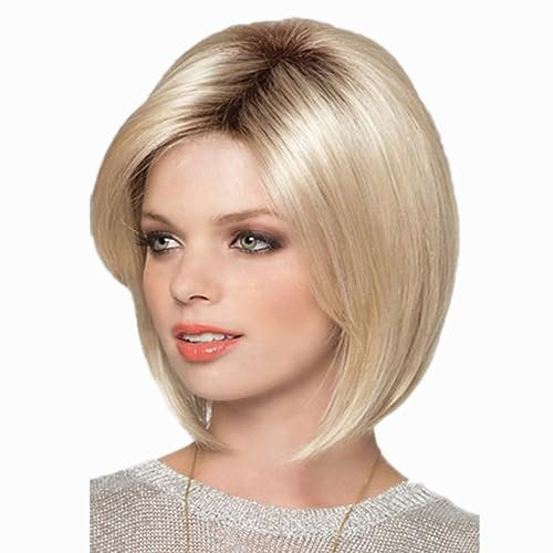 AUBWIG Kurze Blonde Bob Perücke mit Pony Braune Wurzel Kurze glatte blonde Perücken für tägliche synthetische hitzebeständige Haarperücken (Bob Mixed Blonde)