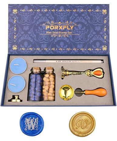 PORXFLY 2 Stück Letter W Wachs-Siegel-Stempel-Set, Initial Alphabet Wachs-Siegels-Stempel-Kit Vintage Geschenk-Box, A bis Z Buchstaben-Serie Stempel für Hochzeit Einladungen, Umschläge (W)