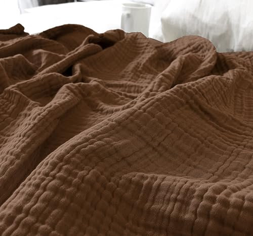 KyraHome Musselin-Decke für Erwachsene, 100% Bio-Baumwolle, 152,4 x 203,2 cm, vorgewaschen, pflanzengefärbt, leicht, atmungsaktiv, weiche Decke für Damen, Reisen, alle Jahreszeiten (Braun/Mokka)