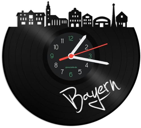 GRAVURZEILE Schallplattenuhr - Skyline Bayern - Wanduhr aus gegossenem Vinyl mit Stadt Skyline - 30 cm - Upcycling Designer Uhr - Moderne Wanduhr im Retro Vintage Style - Made in Germany