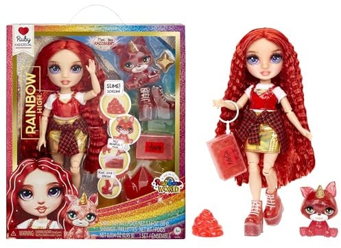 Rainbow High Fashion Doll with Slime & Pet - Ruby (Red) - 28 cm Shimmer Doll with Sparkle Slime, Magical Pet and Fashion Accessories - Kids Toy - Great for Ages 4-12 Years