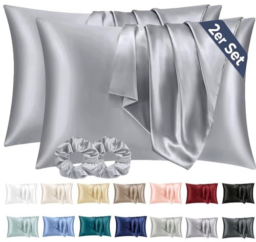 Vielit Taie Oreiller Satin 50x80 Lot de 2,pour Cheveux,Similaire Aux Taie d Oreiller en Soie,Housse de Coussin 50x80,Taies d'oreillers certifié Oeko-Tex & 2 Satin Chouchous Gris