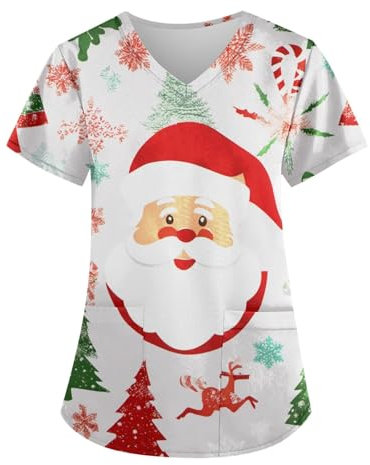 DHYUEN Krankenschwester Kleidung Damen Unisex Bluse Damen Basic Medizinisches Schlupfhemd Kasacks Damen Pflege Damen Pflege Mit Weihnachten Mit Kragen Weihnachtspullover(Wassermelonenrot,XL)