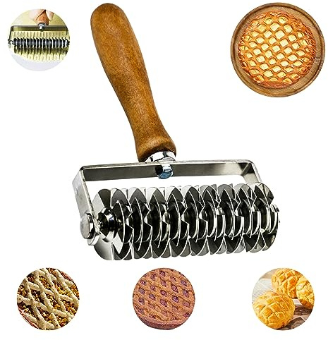 Pastry Lattice Roller Cutter, Stainless Steel Pastry Cutter Tool Dough Crust Pizza Bread Pastry Roller Lattice Cutter Kitchen Cooking Baking Tool with Wood Handle