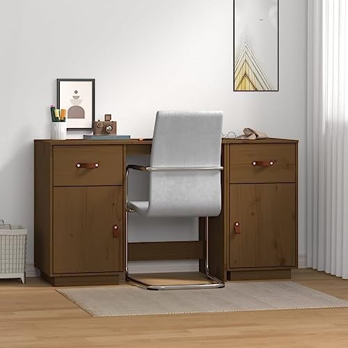 vidaXL Solid Pine Wood Office Desk in Honey Brown with Cable Management, Compartment Drawers and Stylish Door for Living Room, Bedroom