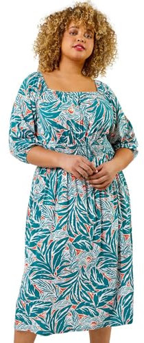 Roman Curve Printed Crinkle Shirred Midi Dress for Women UK - Ladies Everyday Holiday Spring Summer Square Neckline Comfy Soft Evening Vacation Work Party - Green Orange - Size 30-32