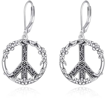 YFN Peace Sign Ohrringe Sterling Silber Hippie Peace Sign Leverback Dangle Drop Earrings Peace Sign Schmuck Peace Sign Geschenk für Damen Mädchen