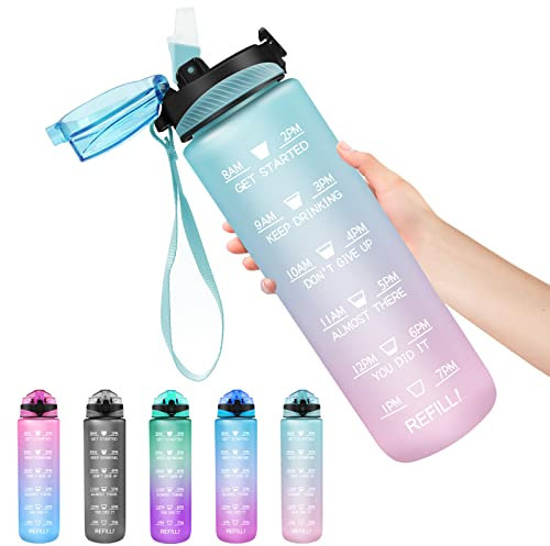 Wolepaz 1L Water Bottle with Straw, 1 Litre Motivational Sport Water Bottle with Time Maker, Leakproof BPA-free Drink Bottle for Outdoor, Fitness, Cycling, Gym, School & Office (Green Pink)