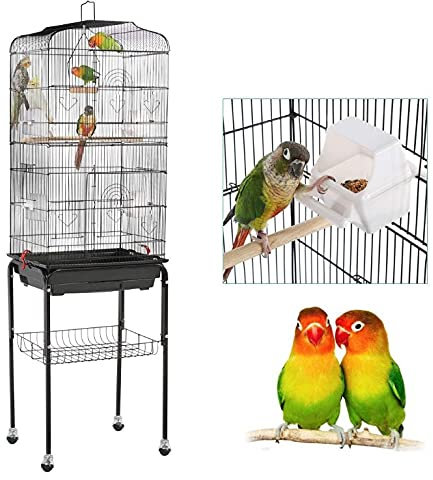 OHMG Vogelkäfig für den Innenbereich, Vogelkäfig, Papageien, für Kanarienvögel, Wellensittiche, mit abnehmbarer Halterung, Griff, Dach-Design, 4 Rollen, Zubehör und Ständer, 46 x 35,3 x 150,6 cm