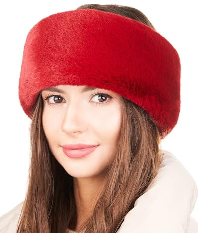 Futrzane Modern Bandeau - Bandeau en Fausse Fourrure Femme - Cache Oreille Ski - Taille S (Rouge Modern)