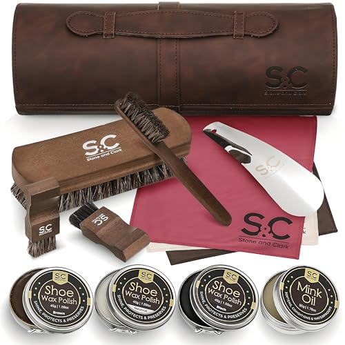 Shoe Polish Kit 13 Piece Leather Shoe Shine Set with Mink Oil, Horsehair Brushes, 3 Colour Wax Polishes, Buffing Cloth and Metal Shoe Horn in Premium PU Leather Travel Case for Boots and Shoes