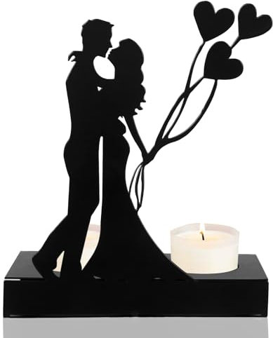 Handcrafted Iron Sculpture Candlestick Ornament Romantic Couple with Umbrella/Balloons/Proposal Iron Wedding Metal Art Candle Holder for Dining Table Valentine's Day Decoration